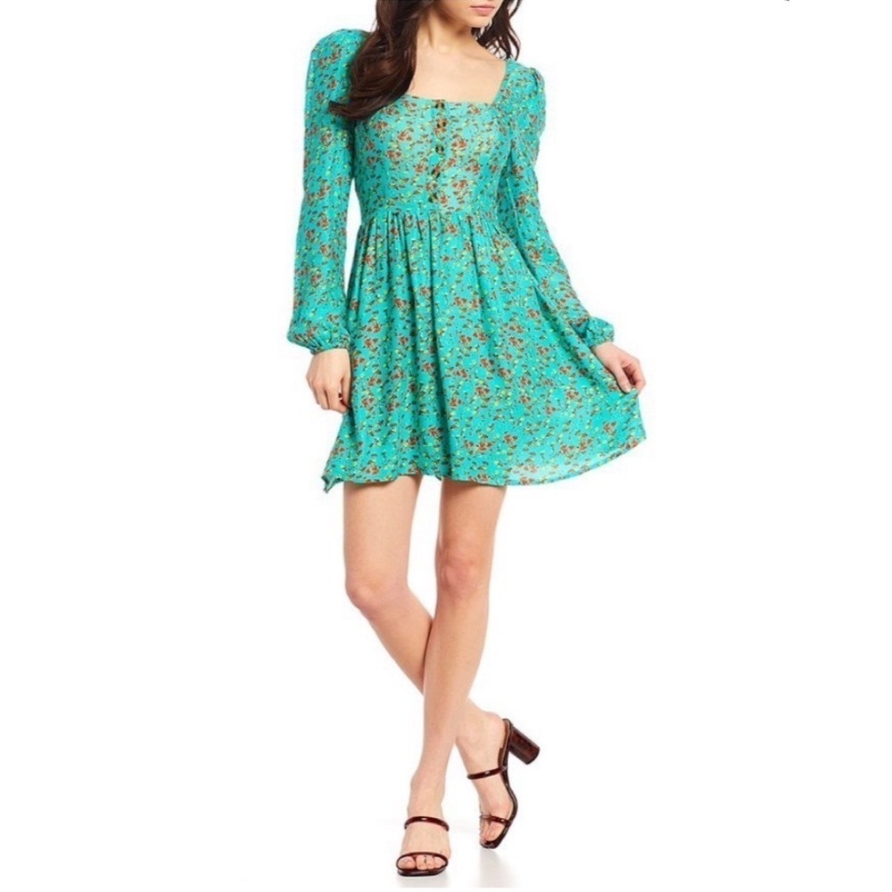Chelsea & Violet Turquoise Floral Scoop Neck Long Sleeve Mini Dress NWT